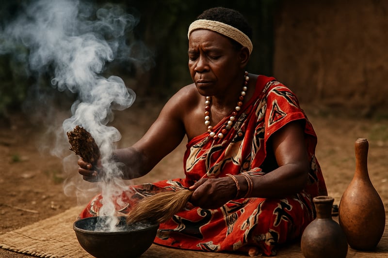 Traditional African spiritual healer performing a cleansing ritual