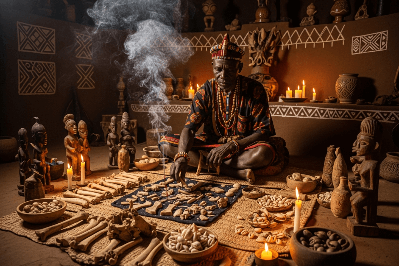 Traditional African divination ceremony with sacred bones and ancestral tools (1)
