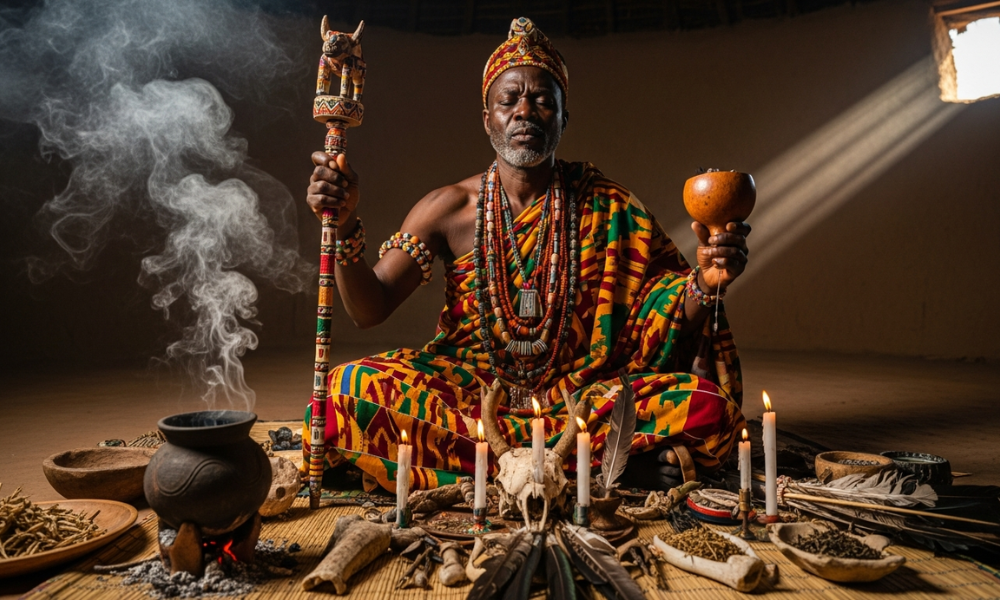 Traditional African spiritual healer performing a ritual Traditional African spiritual healer performing a ritual